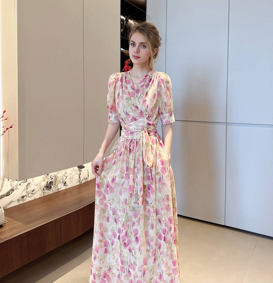 Pink V-neck floral chiffon dress new summer temperament waist tie long skirt short sleeve