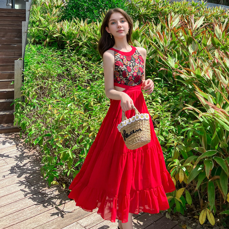 Red Dress Beach Women Seaside Vacation Super Fairy Long Skirt