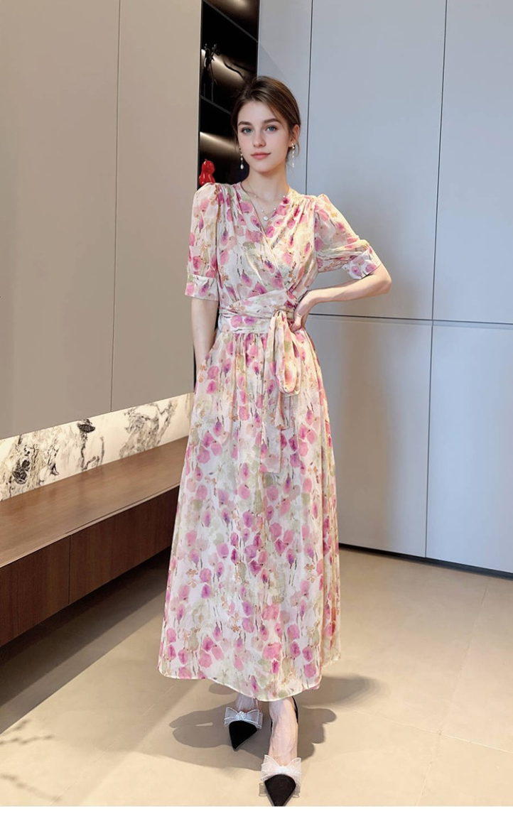 Pink V-neck floral chiffon dress new summer temperament waist tie long skirt short sleeve