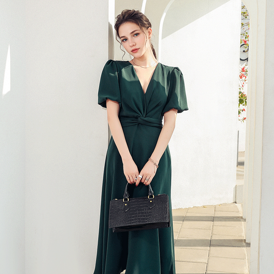 New Summer Thai Slimming Dress Short Sleeve Chest Tie Twist V-Neck Over-the-Knee Midi Skirt Women