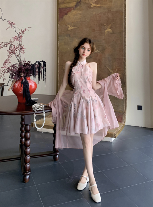 Pink Printed Irregular Patchwork Hanging Neck Cheongsam Dress Pink Tunic Top
