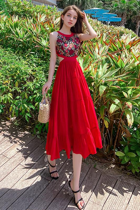 Red Dress Beach Women Seaside Vacation Super Fairy Long Skirt