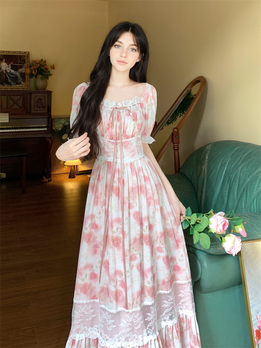 Summer Long Elegant Romantic Square Neck Waist Dresses