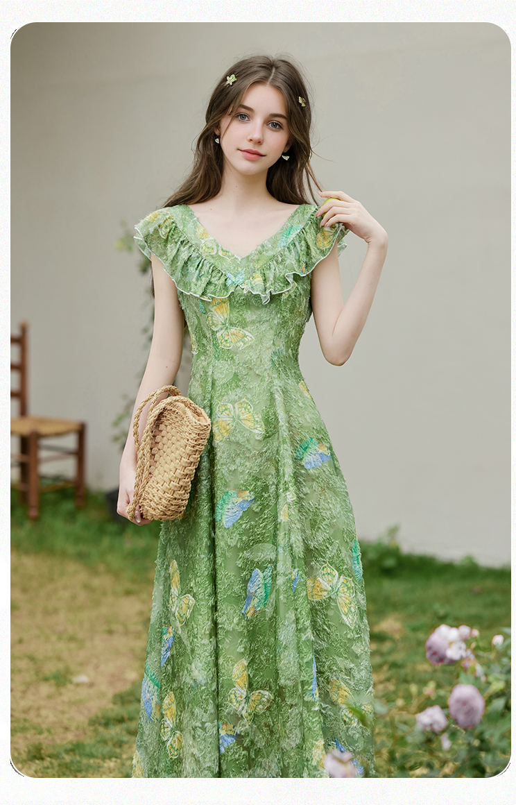 Exquisite V-neck dress female summer new chic absolutely beautiful waist thin long skirt