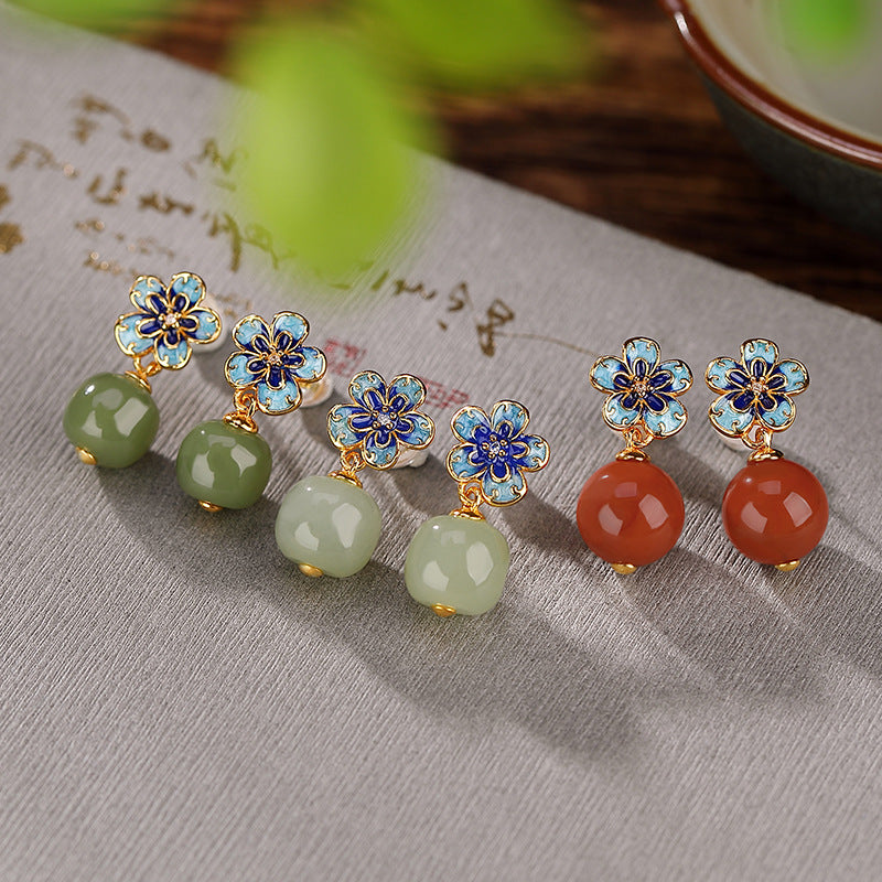 S925 sterling silver gold-plated Nanhong Hetian jade green jade cloisonné blue Guochao plum blossom Lu Lu Tong earrings earrings