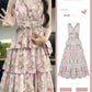 Floral Halter Dress Sub Gentle V Neck Pink Waisted Cake Long Dress