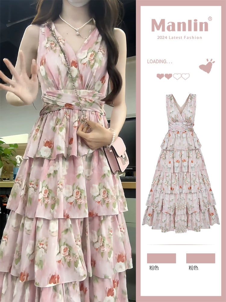 Floral Halter Dress Sub Gentle V Neck Pink Waisted Cake Long Dress