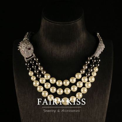 Exquisite fashion zirconia multi-layer pearl dragon necklace pave full of diamonds high quality jewelry