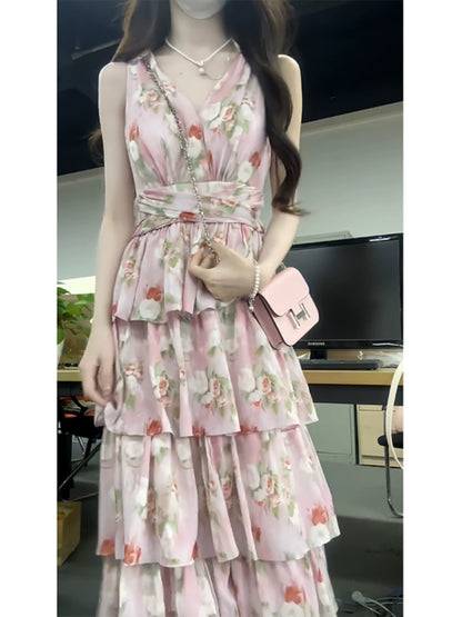 Floral Halter Dress Sub Gentle V Neck Pink Waisted Cake Long Dress