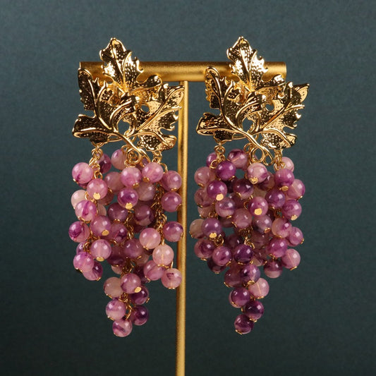 Vintage Chinese antique copper gold-plated earrings purple grape long luxury exquisite hand-beaded personalized earrings