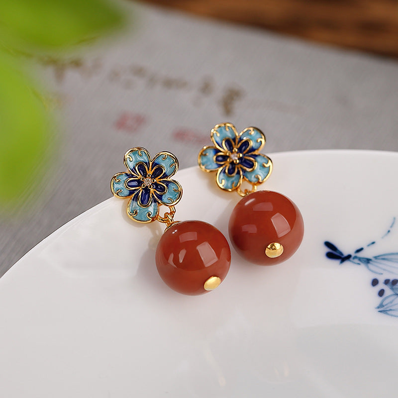 S925 sterling silver gold-plated Nanhong Hetian jade green jade cloisonné blue Guochao plum blossom Lu Lu Tong earrings earrings