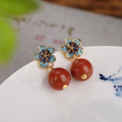 S925 sterling silver gold-plated Nanhong Hetian jade green jade cloisonné blue Guochao plum blossom Lu Lu Tong earrings earrings