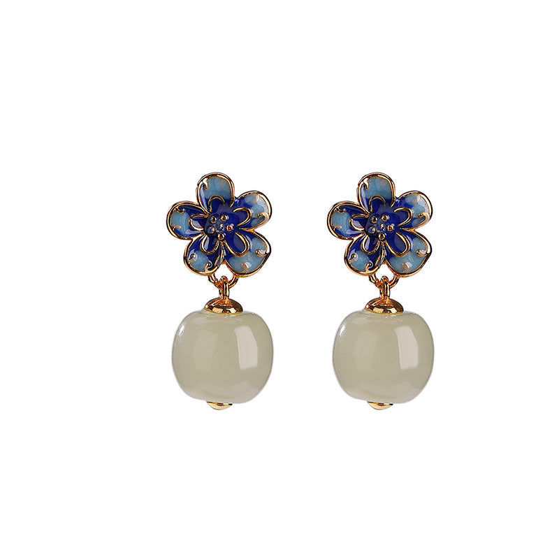 S925 sterling silver gold-plated Nanhong Hetian jade green jade cloisonné blue Guochao plum blossom Lu Lu Tong earrings earrings