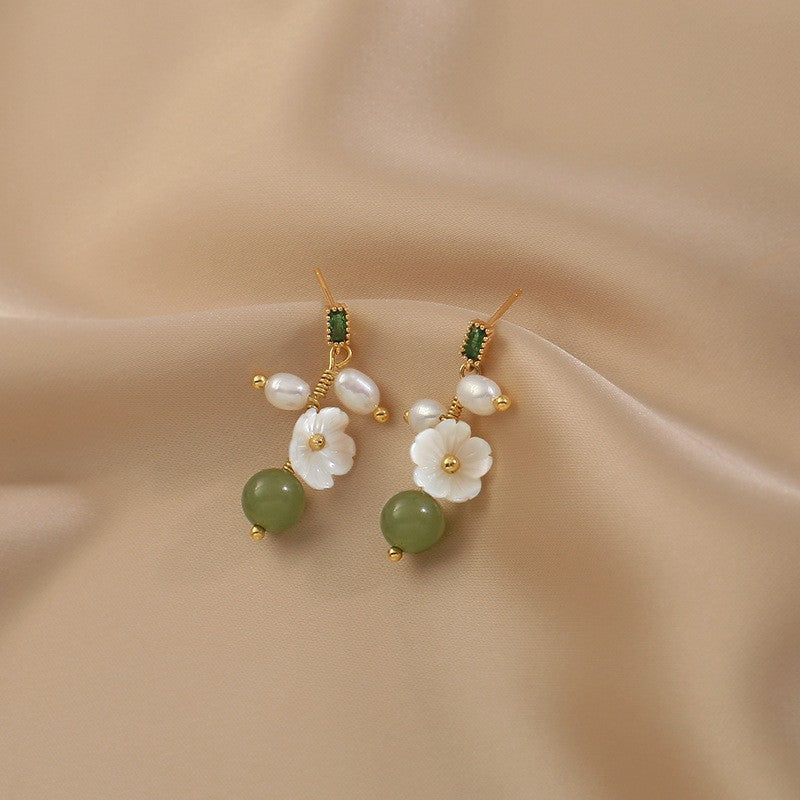 Silver needle natural stone freshwater pearl flower earrings female gentle and elegant winding pearl earrings niche temperament earrings