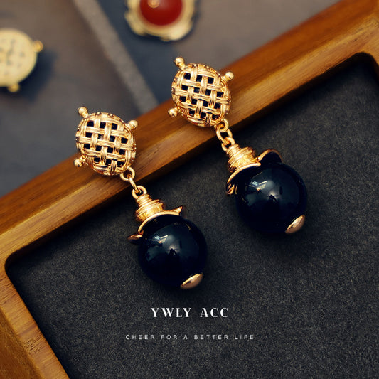 Exquisite court style retro vintage vintage temperament French hollow design tiger eye stone onyx earrings female