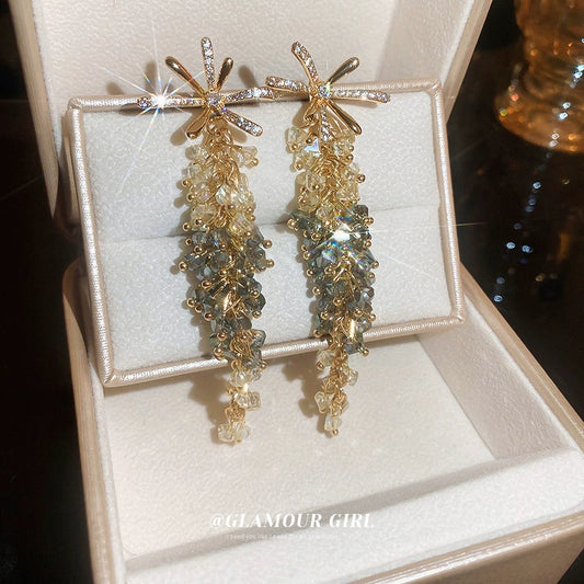 Silver needle zirconia flowers crystal string long earrings senior sense of temperament earrings earrings pendants exaggerated ear jewelry