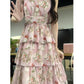 Floral Halter Dress Sub Gentle V Neck Pink Waisted Cake Long Dress