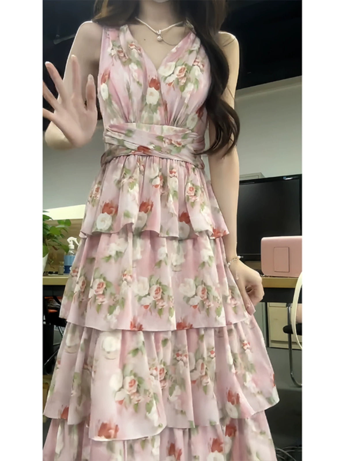 Floral Halter Dress Sub Gentle V Neck Pink Waisted Cake Long Dress