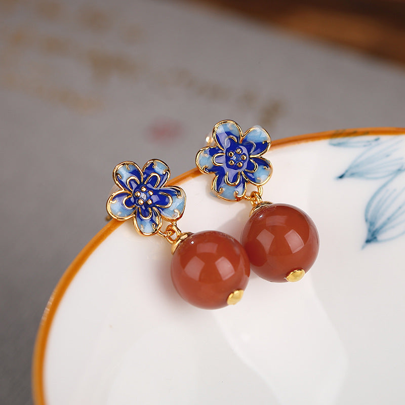 S925 sterling silver gold-plated Nanhong Hetian jade green jade cloisonné blue Guochao plum blossom Lu Lu Tong earrings earrings