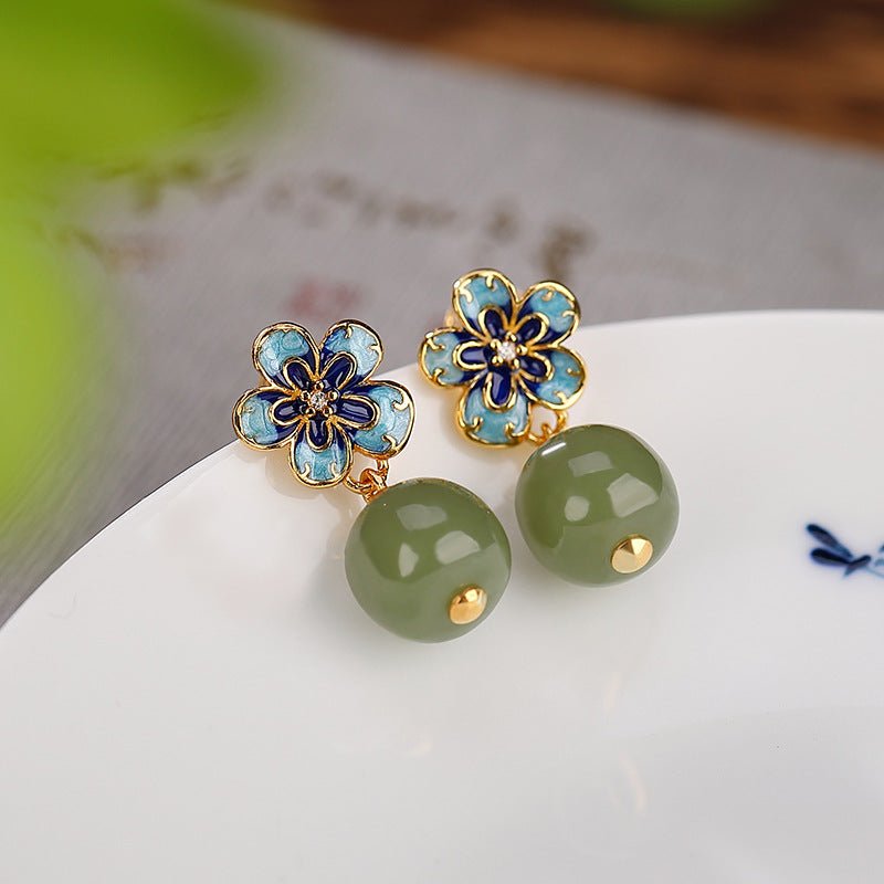 S925 sterling silver gold-plated Nanhong Hetian jade green jade cloisonné blue Guochao plum blossom Lu Lu Tong earrings earrings