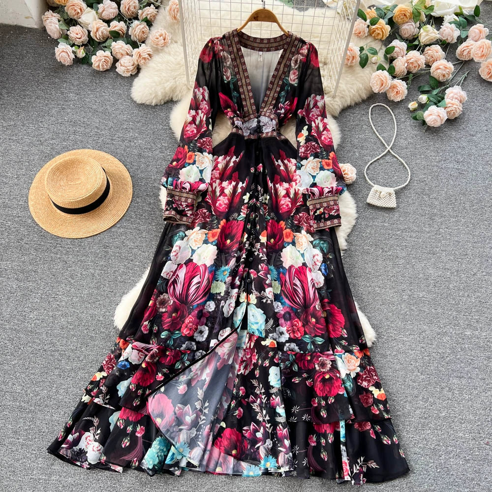 Slim French chiffon mesh dress women large swing A-line printed long skirt