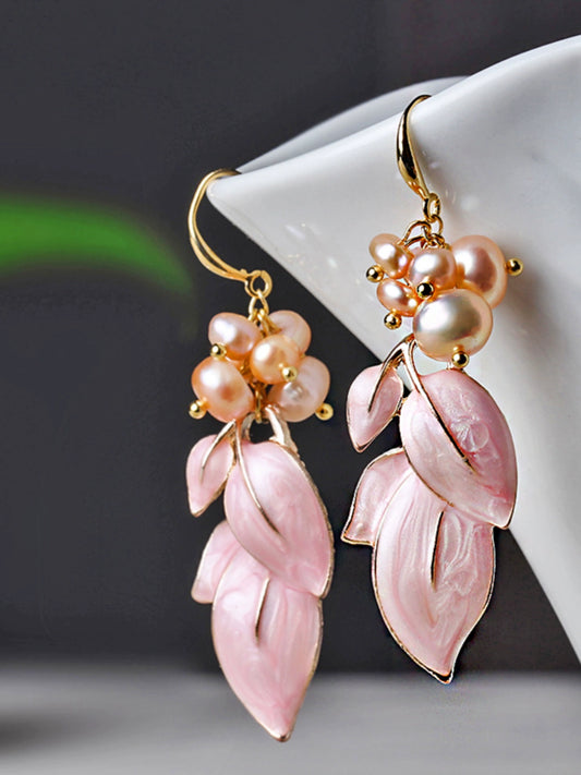 Earrings female freshwater pearl earrings temperament wind earrings pink flower earrings