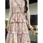 Floral Halter Dress Sub Gentle V Neck Pink Waisted Cake Long Dress