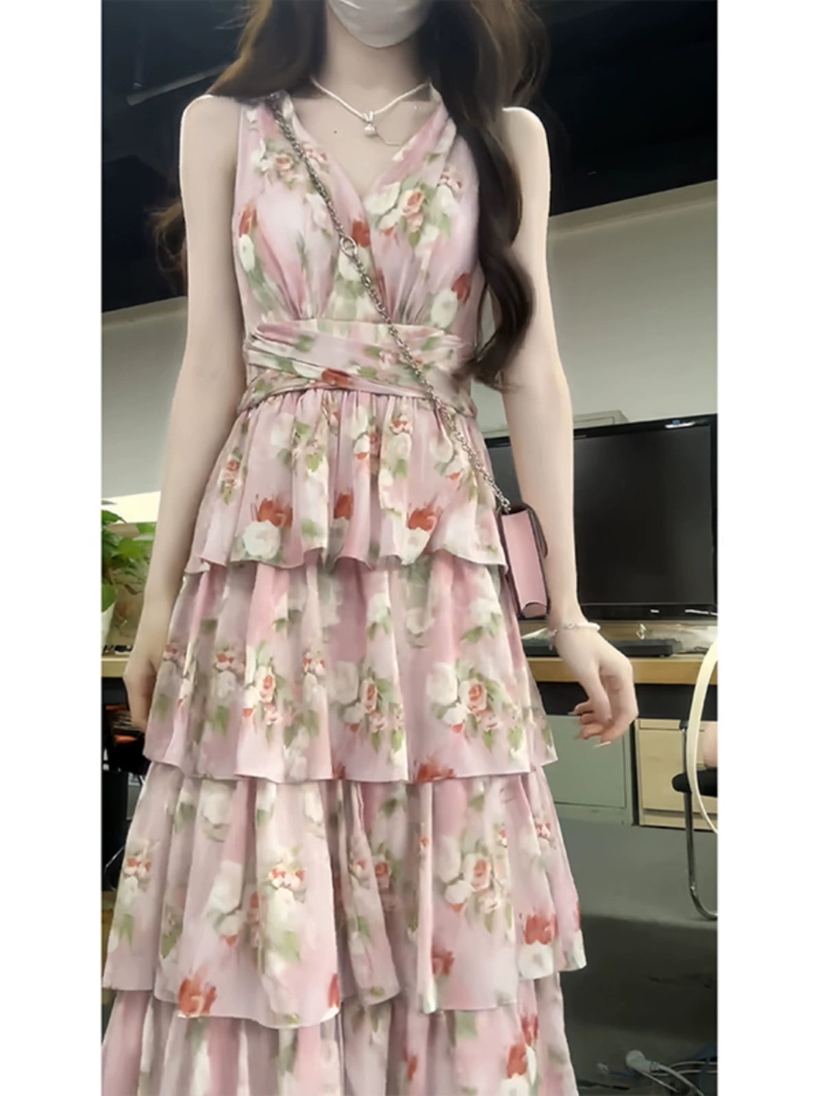 Floral Halter Dress Sub Gentle V Neck Pink Waisted Cake Long Dress