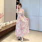 Pink V-neck floral chiffon dress new summer temperament waist tie long skirt short sleeve