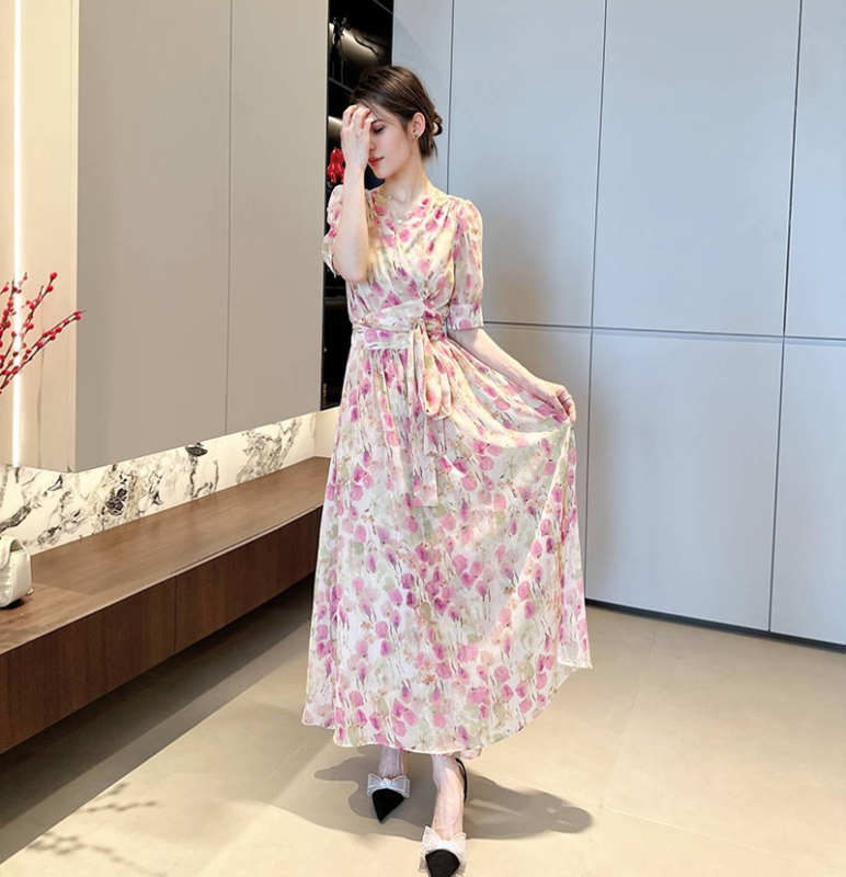 Pink V-neck floral chiffon dress new summer temperament waist tie long skirt short sleeve