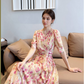 Pink V-neck floral chiffon dress new summer temperament waist tie long skirt short sleeve