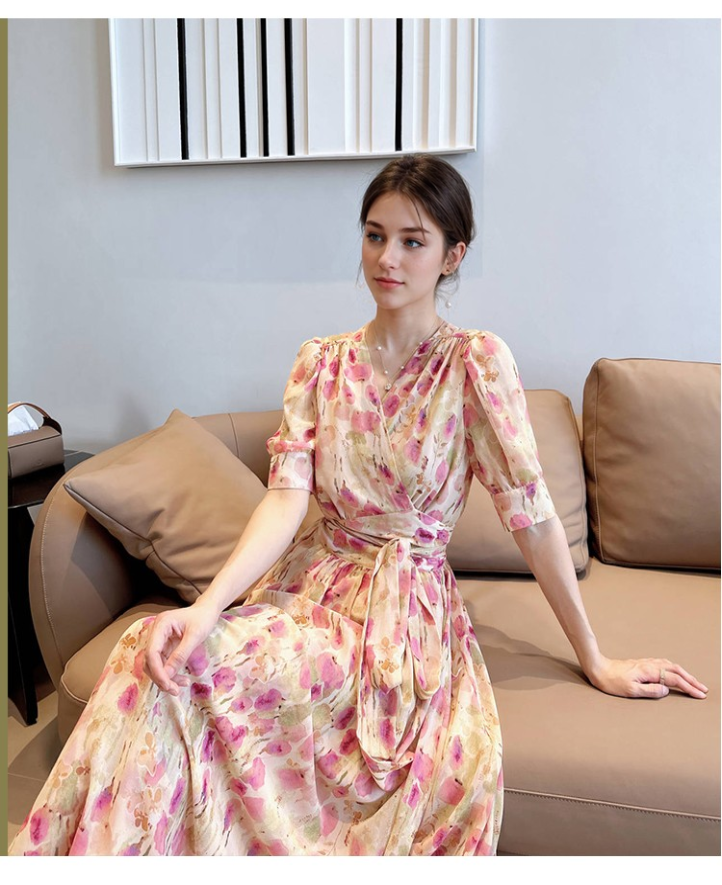 Pink V-neck floral chiffon dress new summer temperament waist tie long skirt short sleeve