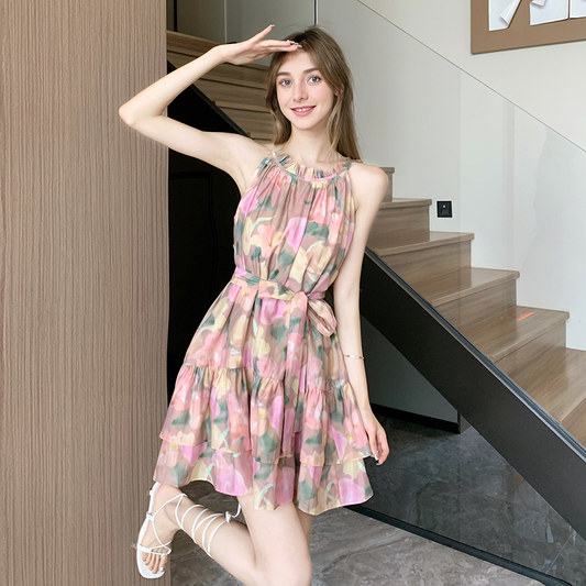 Summer Printed Hanging Neck Double Layer Ruffle Hem Loose A-Line Short Dresses