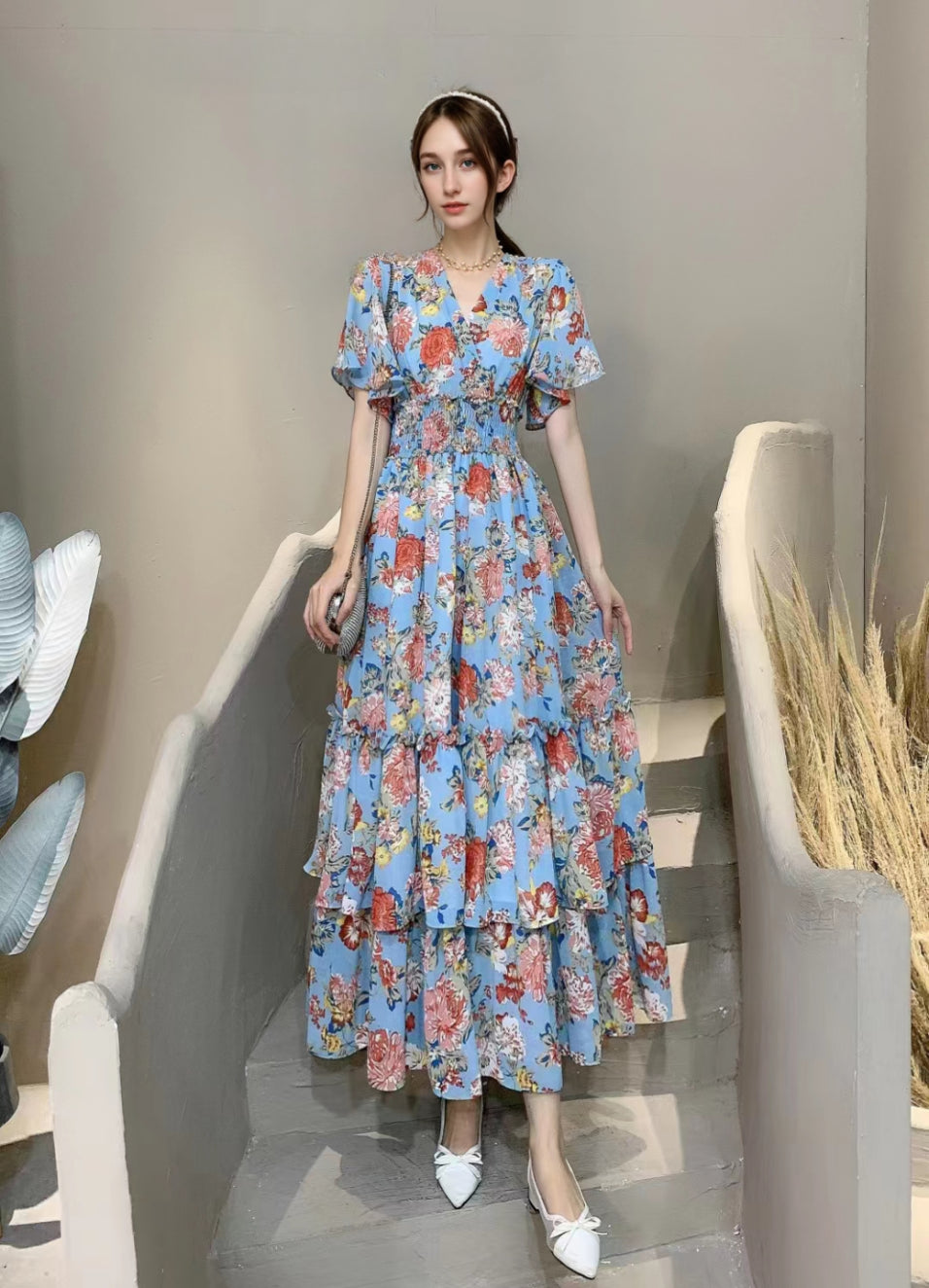 Seaside holiday floral chiffon dress v-neck ruffled high-waisted skinny large hem Mori print skirt