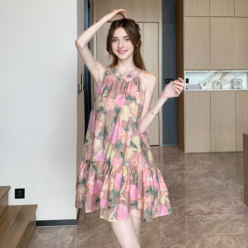 Summer Printed Hanging Neck Double Layer Ruffle Hem Loose A-Line Short Dresses