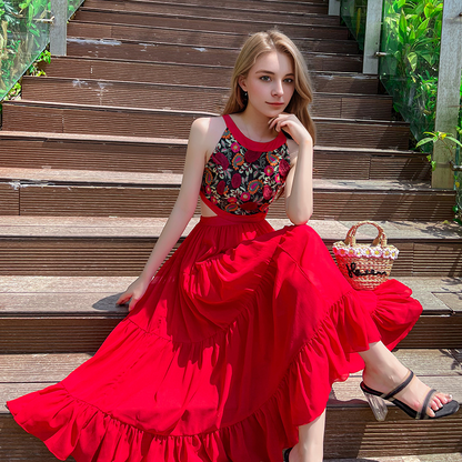 Red Dress Beach Women Seaside Vacation Super Fairy Long Skirt