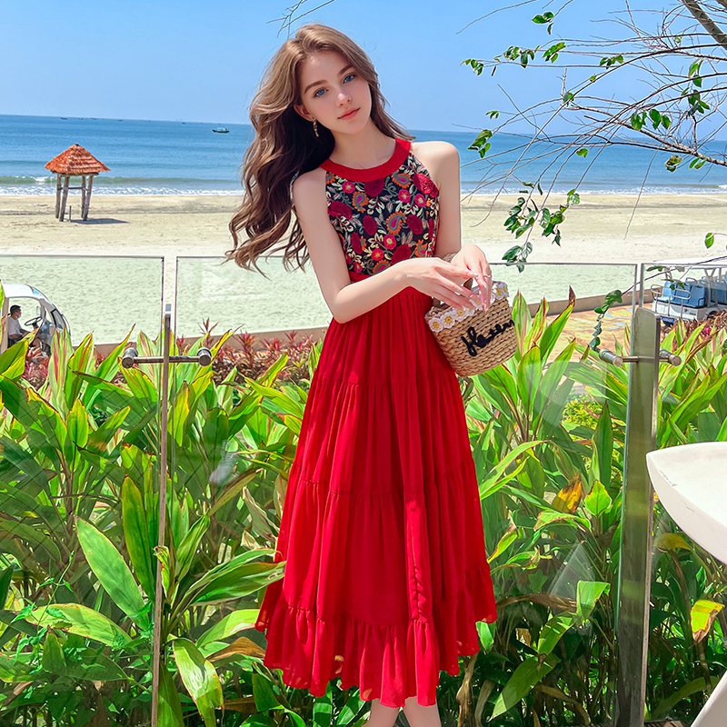 Red Dress Beach Women Seaside Vacation Super Fairy Long Skirt